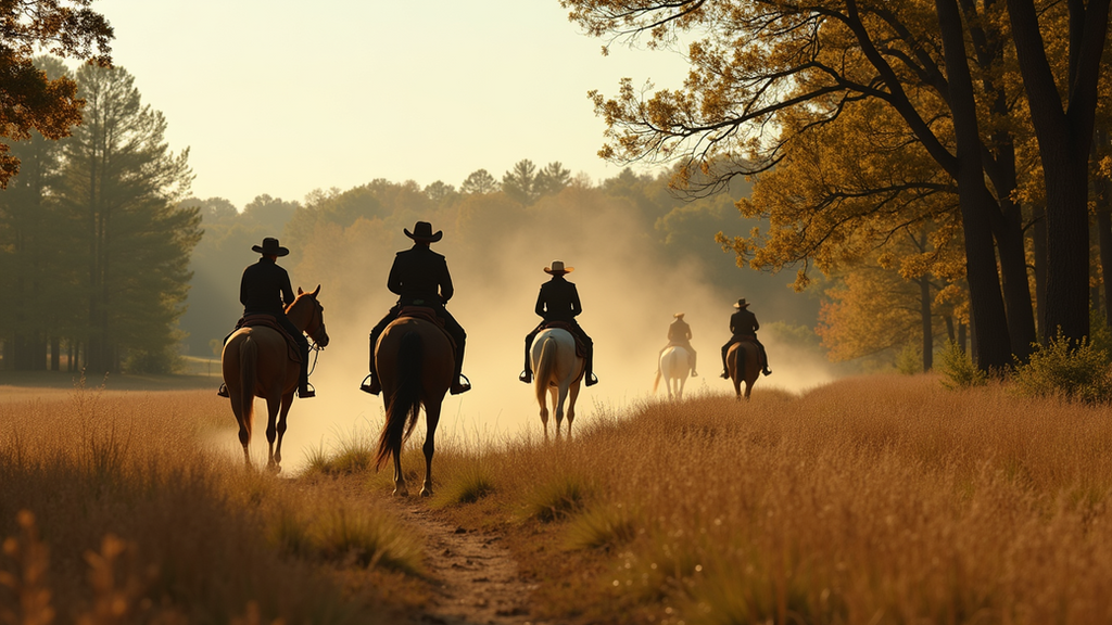 Wide angle view of Beavers Bend State Park with horseback riders
